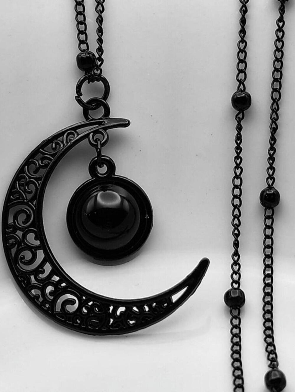 Midnight Solstice Black Crescent Moon & Orb Necklace